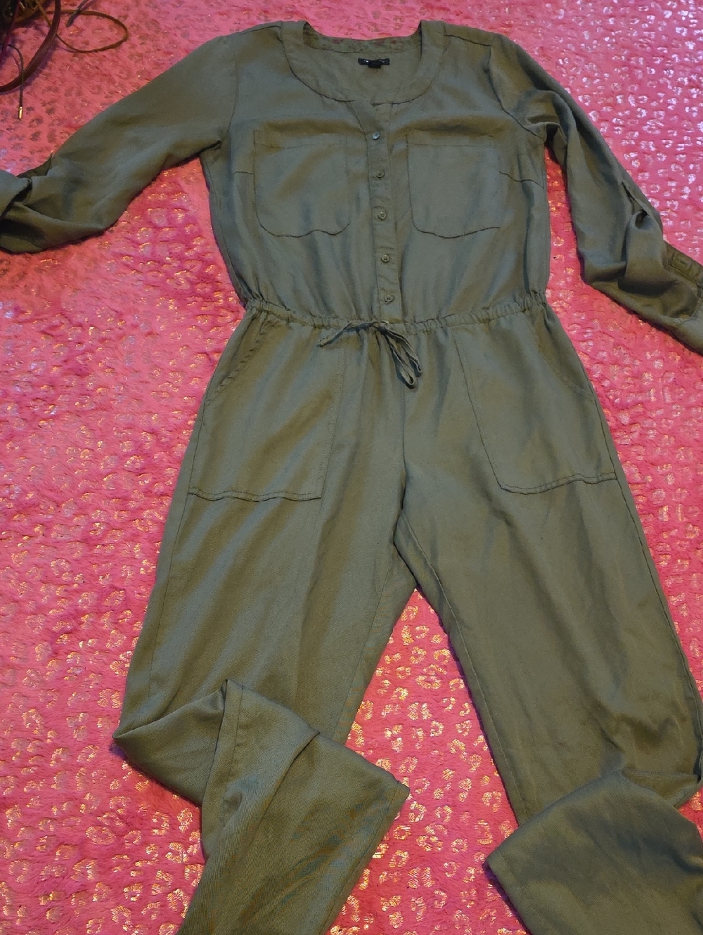 I Heart Ronson Olive Green Button-Front Jumpsuit